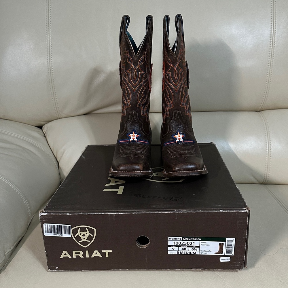Custom Astros Ariat Dark Brown Western Boots with Orange Stitching